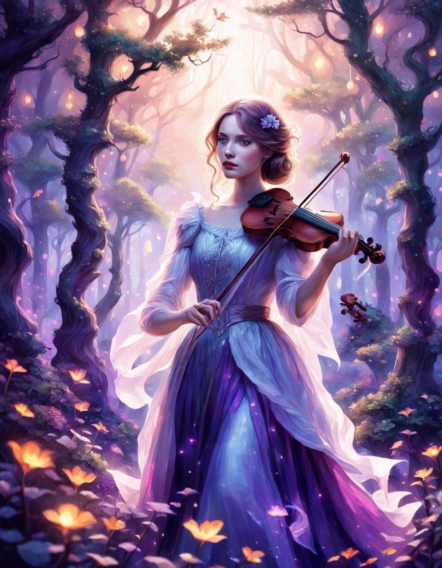 Girl Playing Violin in Magical Forest Digital Art