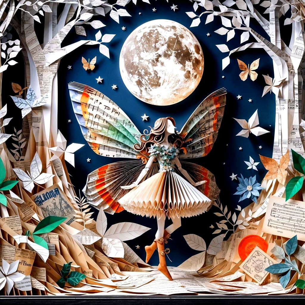 Hyperrealistic Kirigami Forest Scene Under the Moon