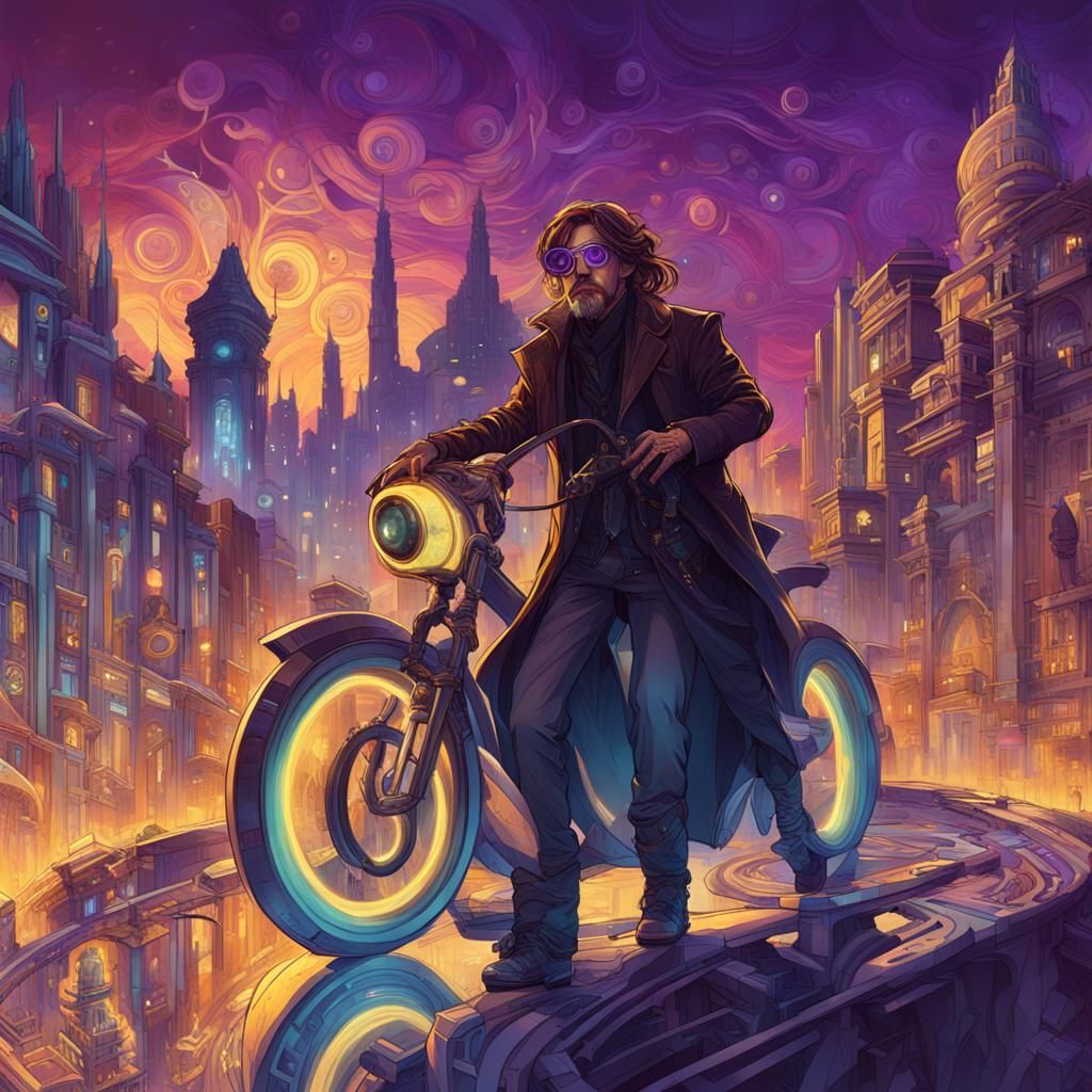 Futuristic Dark Fantasy Cityscape in Art Nouveau Style