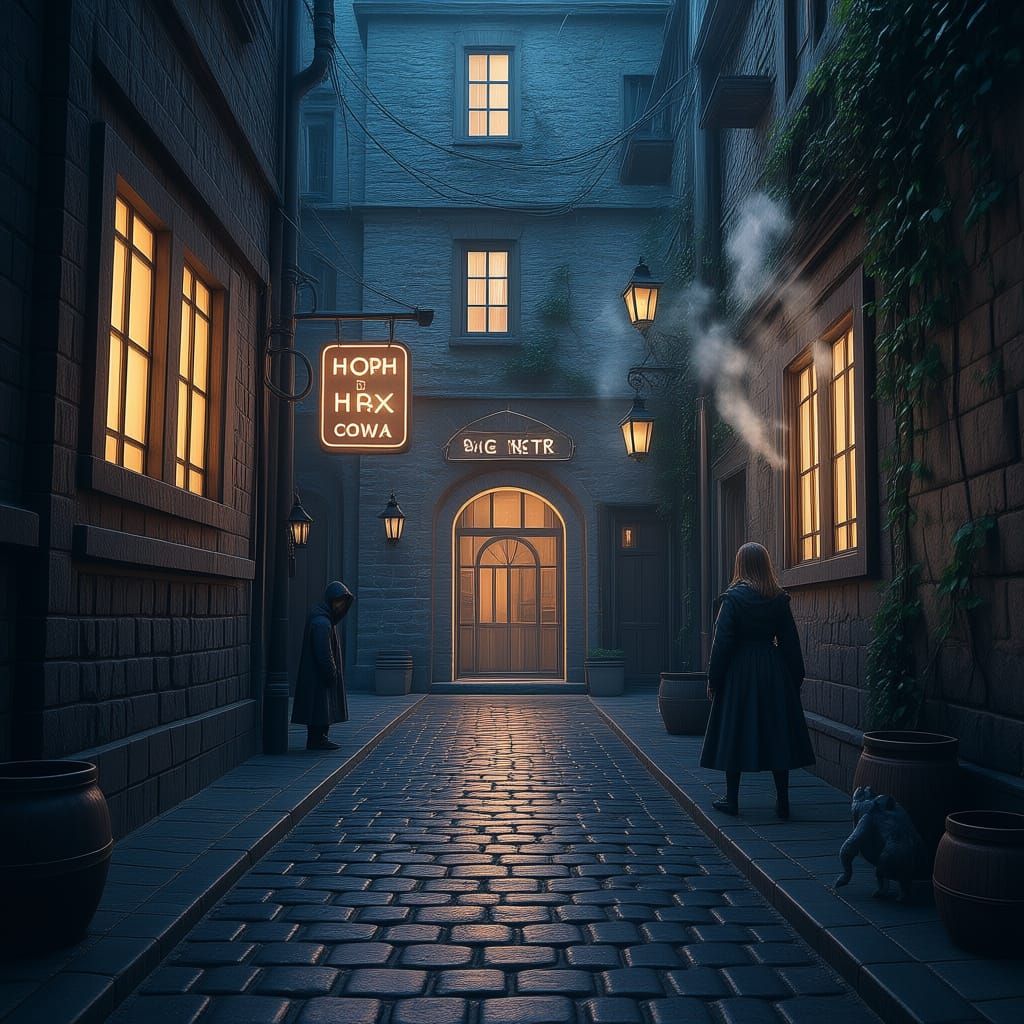 Mysterious Lanternlit Alley with Fantasy Creatures