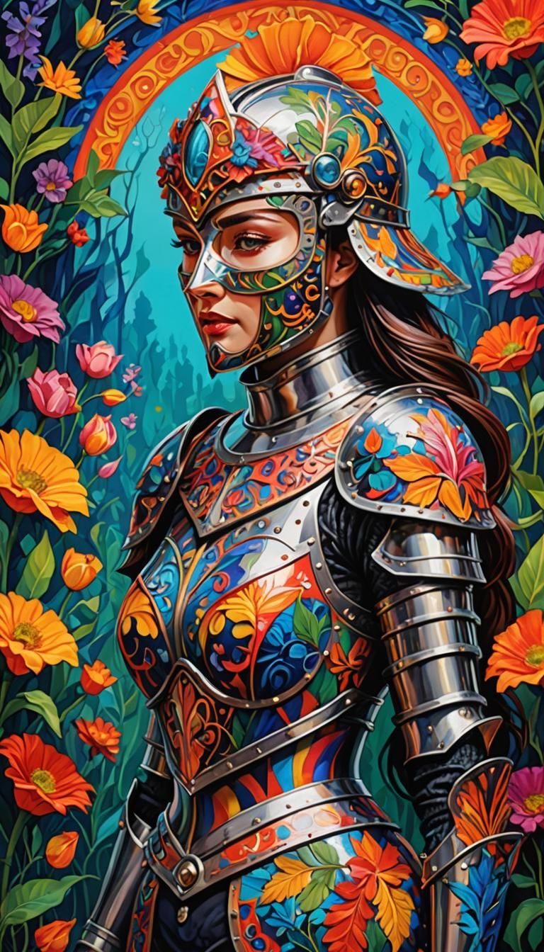 Female Knight with Helmet-Mask in Fauvism Style