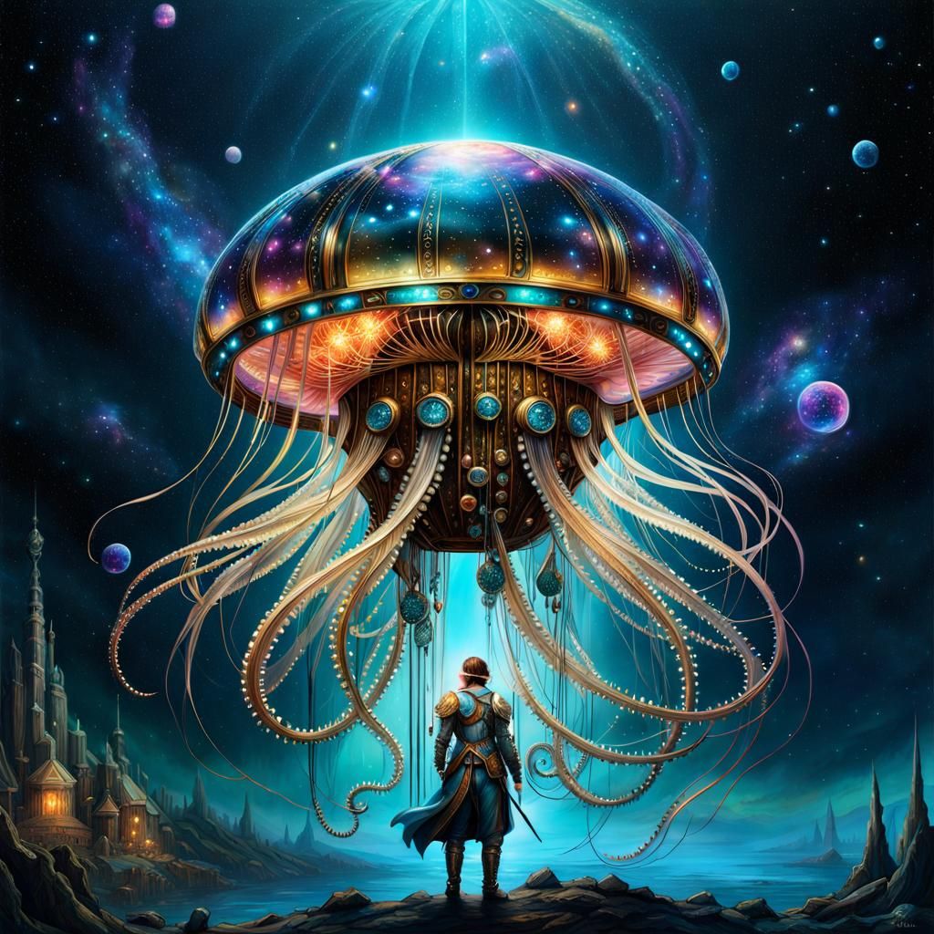 Clockwork Jellyfish in Astral Armor: Digital Art