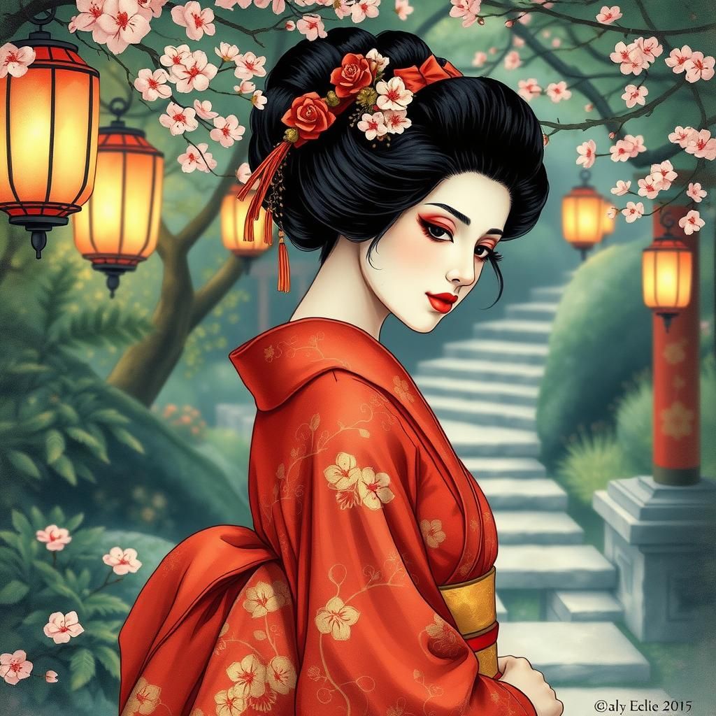 Elegant Geisha in Red Kimono, Watercolor Style