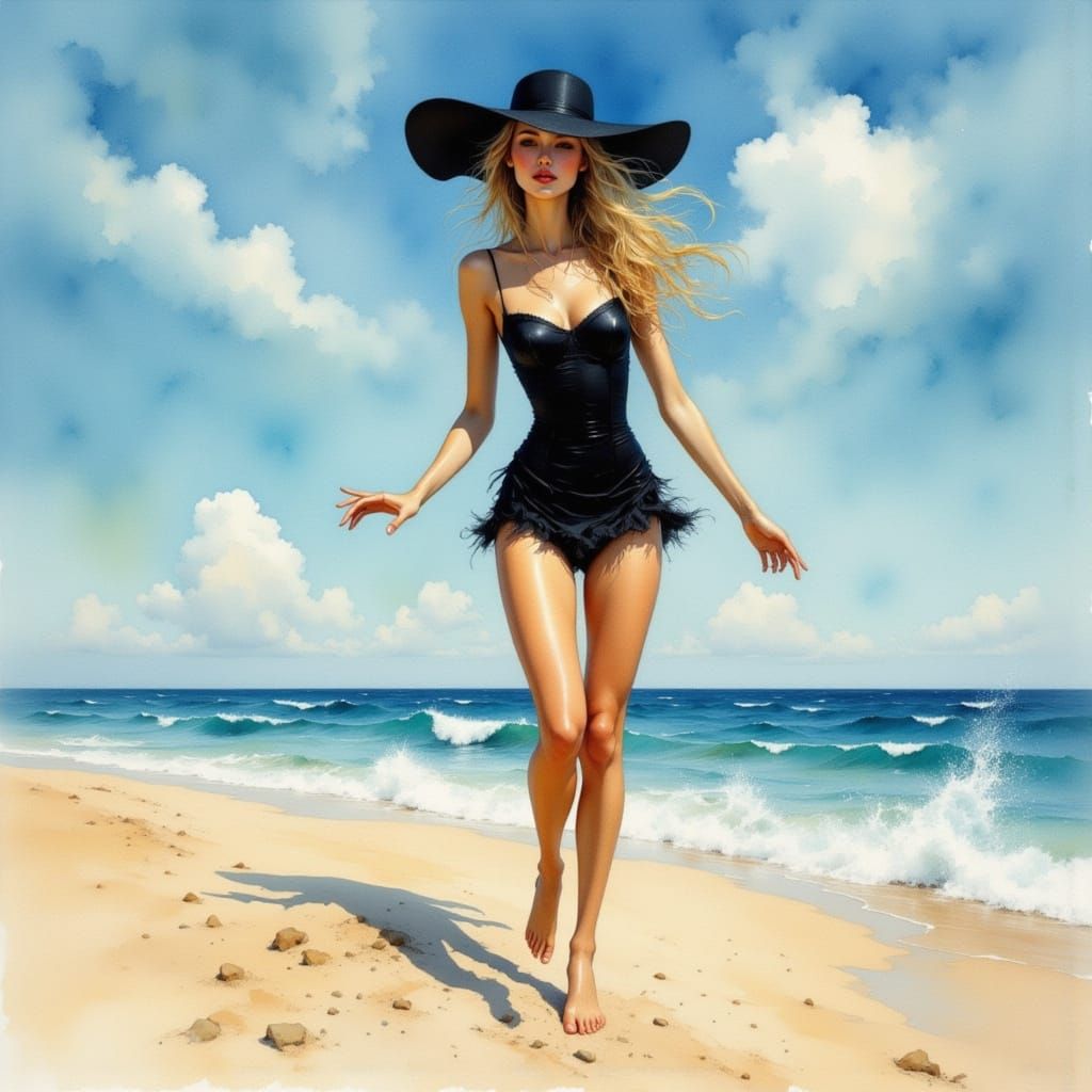 Woman Leaping on Beach in Impressionistic Style