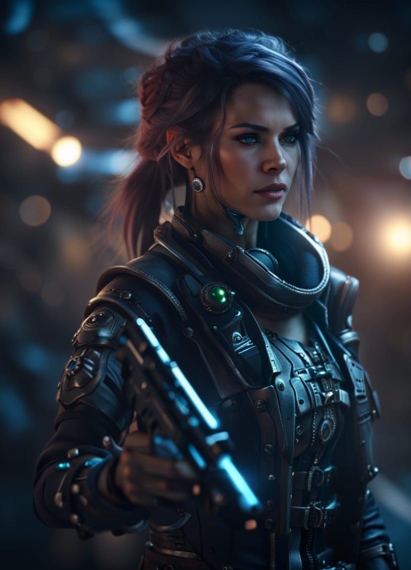 Sci-Fi Female Space Pirate with Gun in 8K