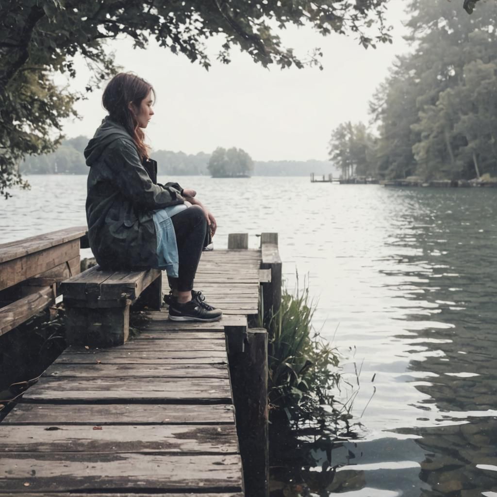 Girl Contemplates Water from Wooden Dock