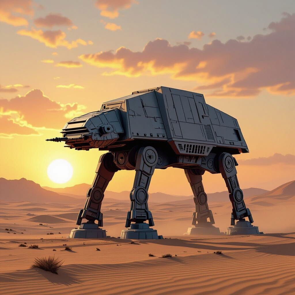 Star Wars AT-AT Walker in Desert Under Binary Sunset