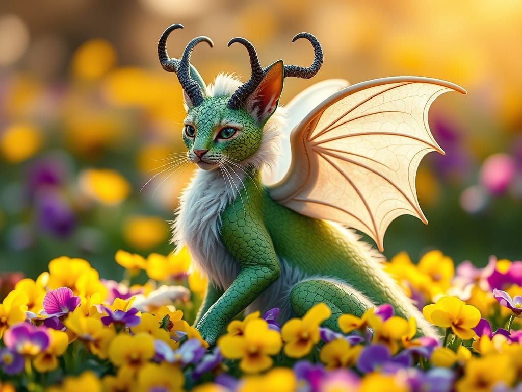 Whimsical Dragon Cat in a Vibrant Spring Garden