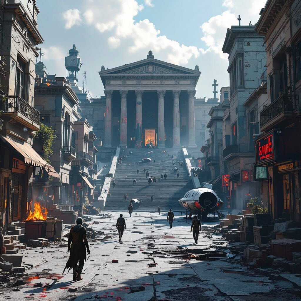 Cyberpunk City Ruins with Zombies and Greek Architecture