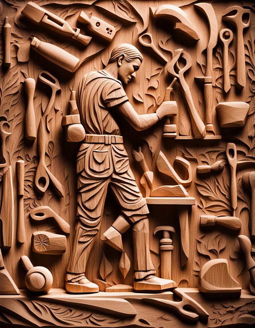 High-Contrast Wood Carving of a Man with Tools