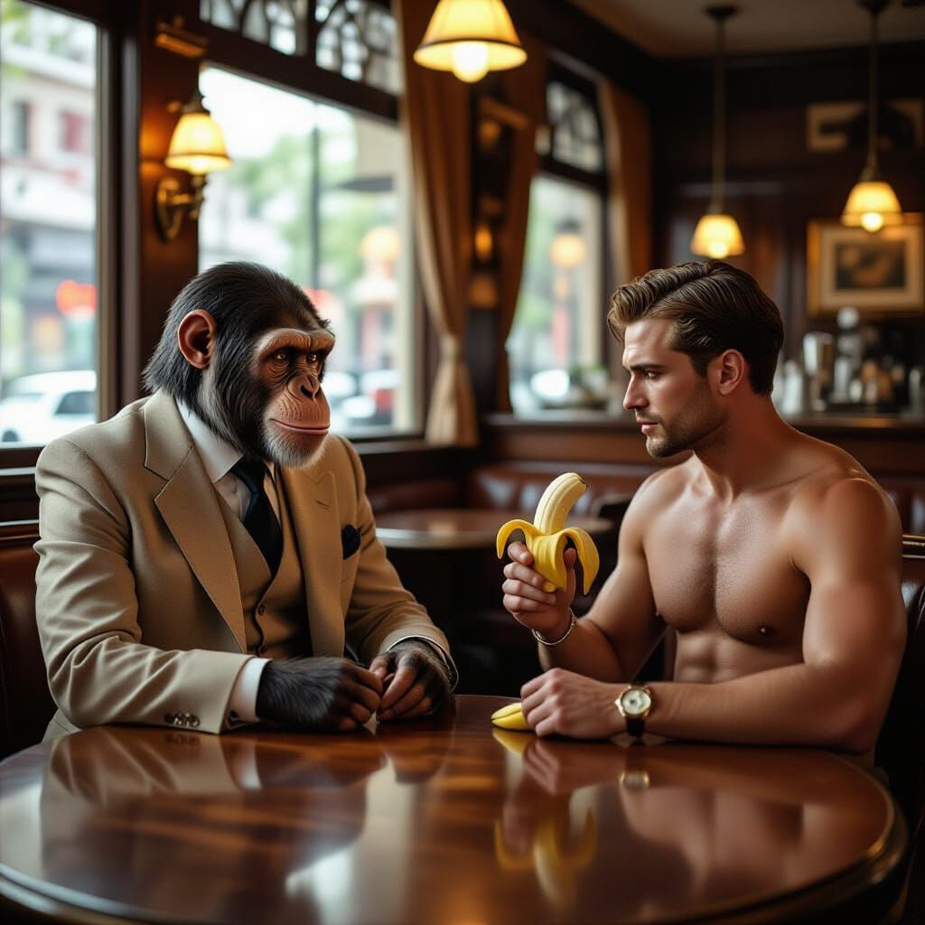 Chimpanzee Gentleman in 1930s Cafe Scene