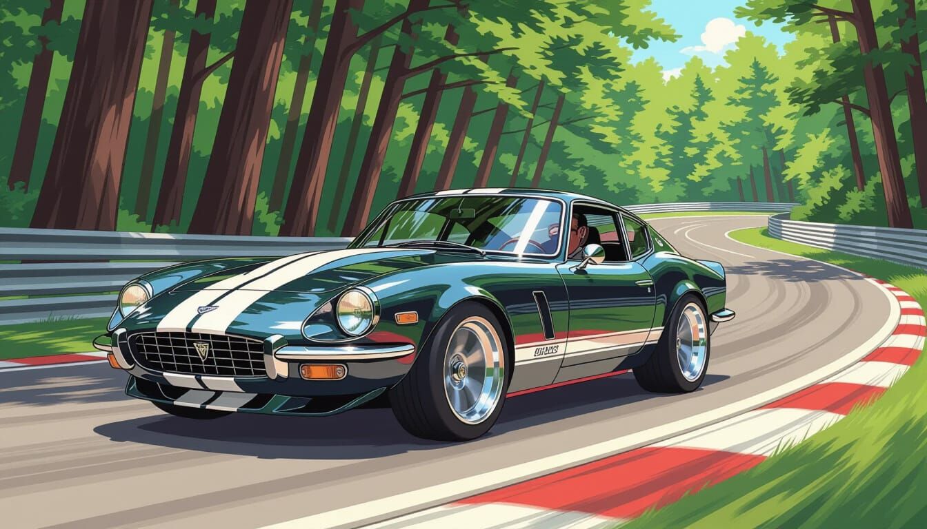 Retro Sports Car on Racetrack as Comic Art