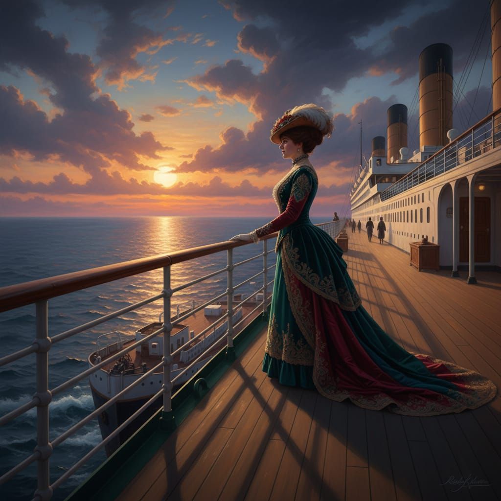 Woman on Titanic Deck Watching Sunset