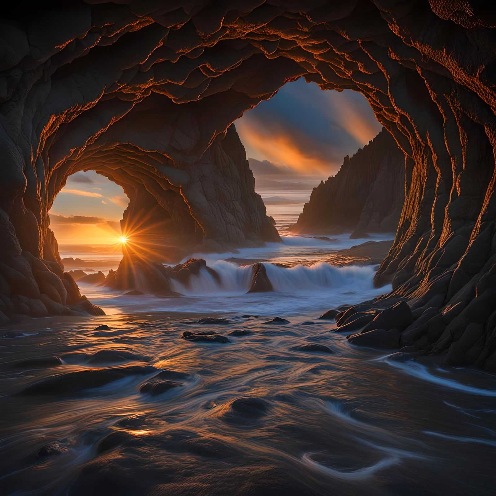 Oregon Coast Sunset Through Sea Tunnel