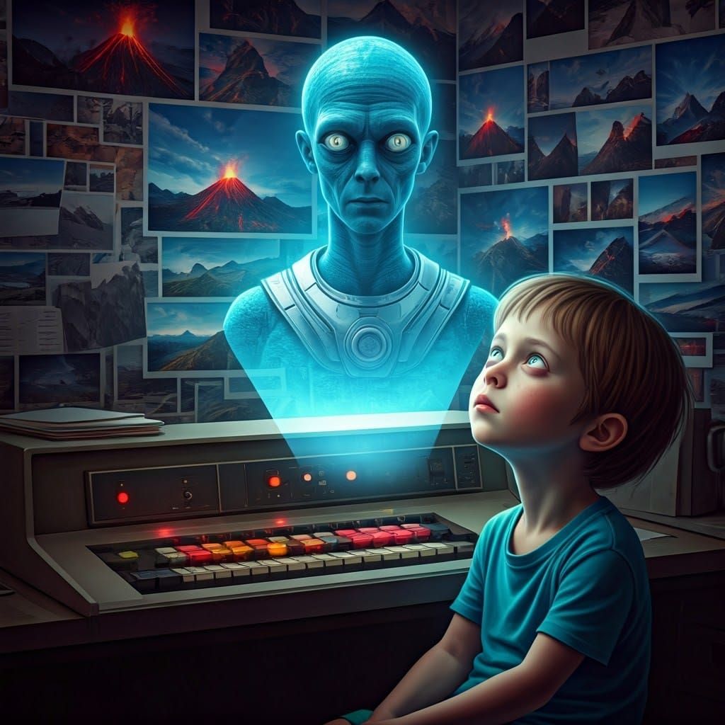 Boy Stunned by Holographic Alien in Vintage Computer Room