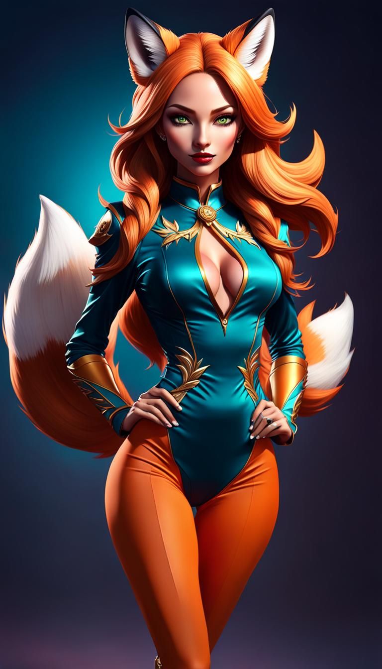 Hyperrealistic Fox Girl in Cyberpunk Art Deco Style