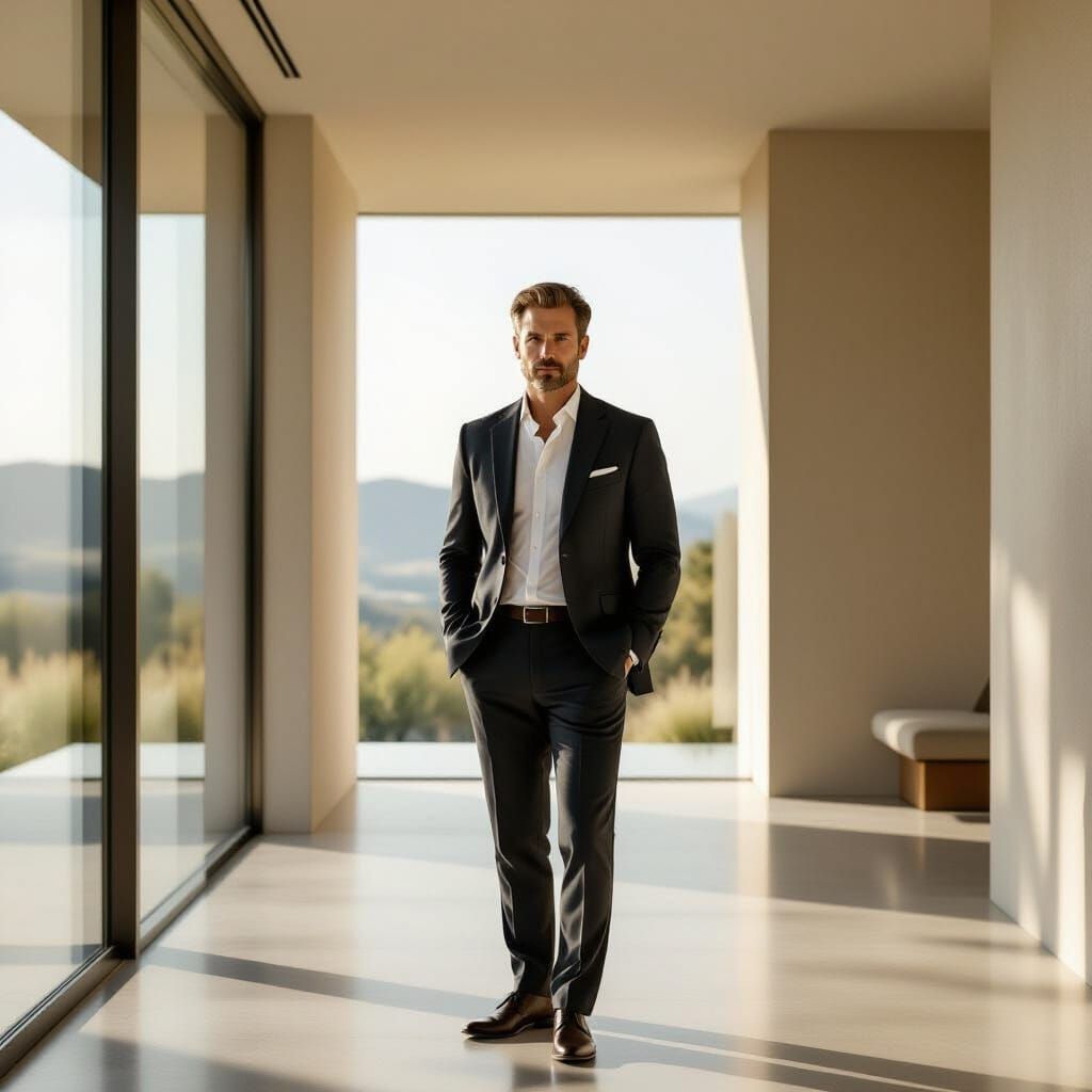 Handsome Man in Minimalist Home in Photographic Realism