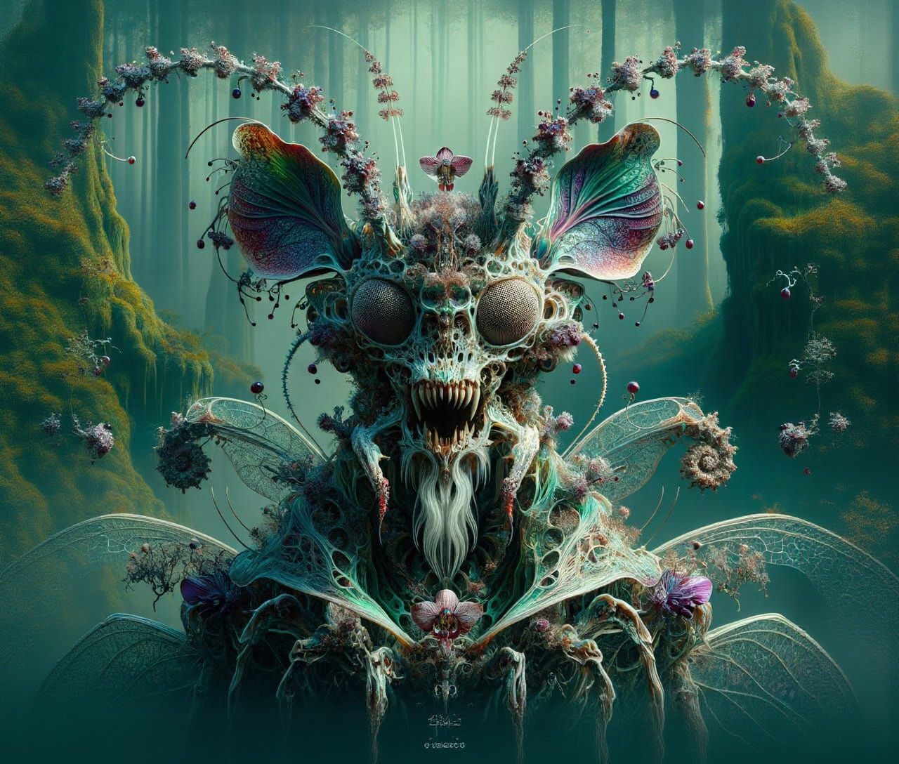 Grotesque Orchid Mantis-Human Hybrid in High Fantasy Style