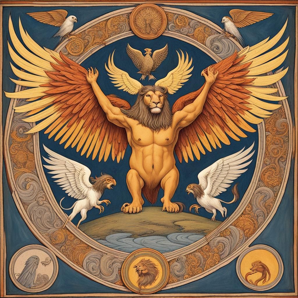 Winged Entity with Lion, Ox, Human, Eagle Faces