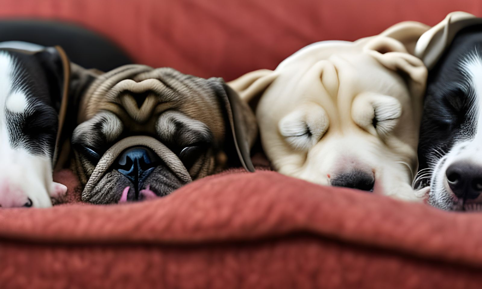 Five Dogs Sleeping Peacefully in Bed