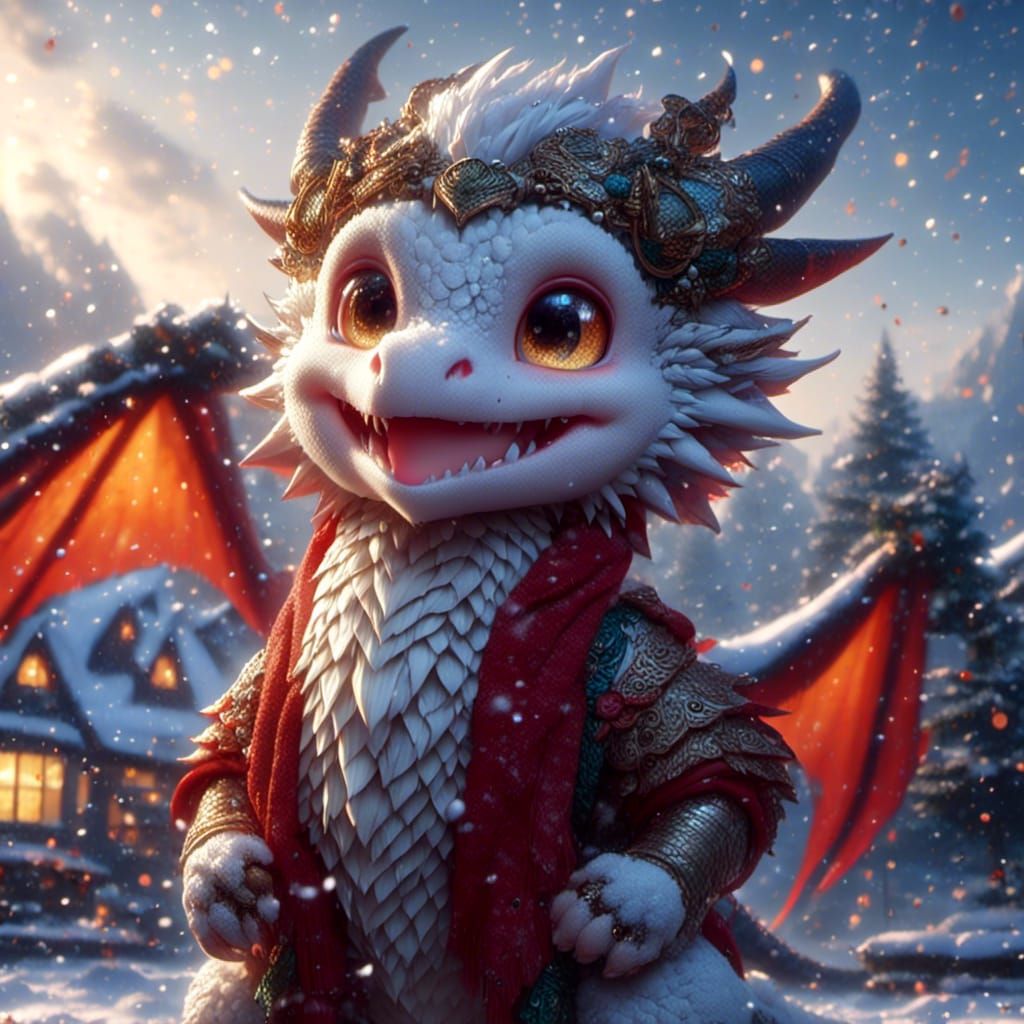 Festive Dragon Portrait in Snowy Village Scene
