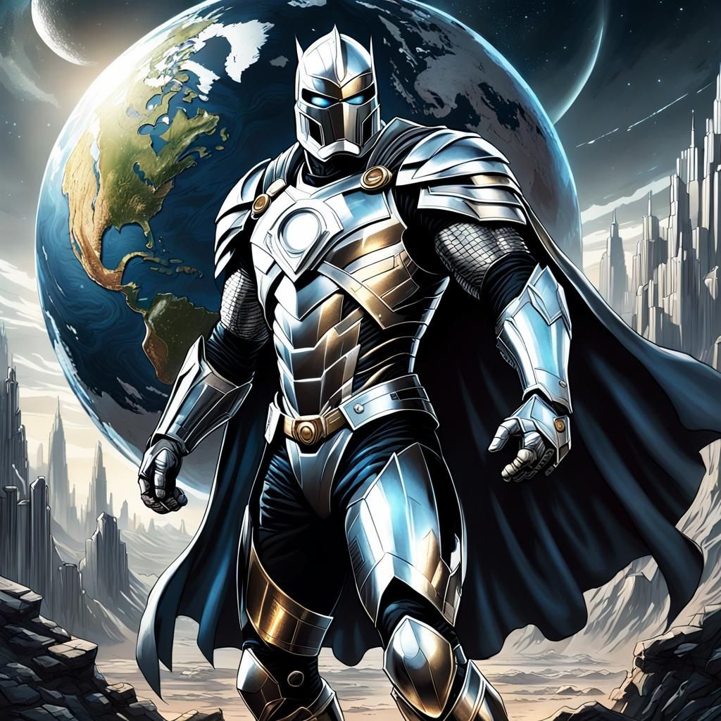 Armored Superhero Over Earth, Comic Book Art