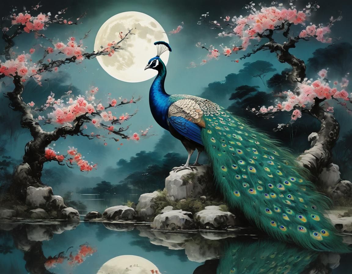 Peacock in Blossoming Garden Under Moon, Fu Baoshi Style