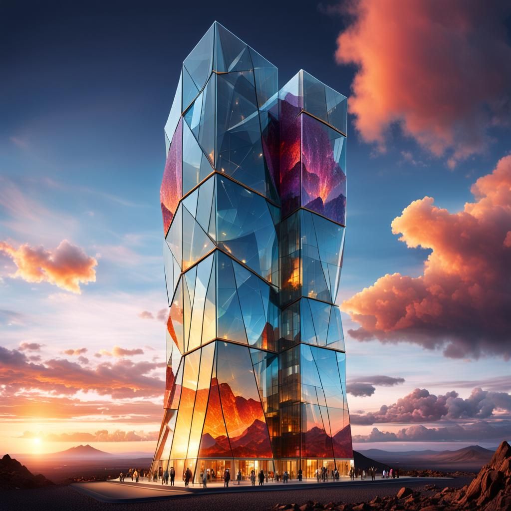 Fantasy Glass Tower at Volcanic Sunset