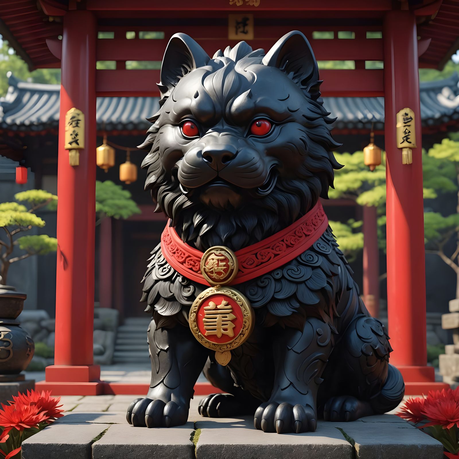 Baby Black Fu Dog Guarding Shrine in Anime Art