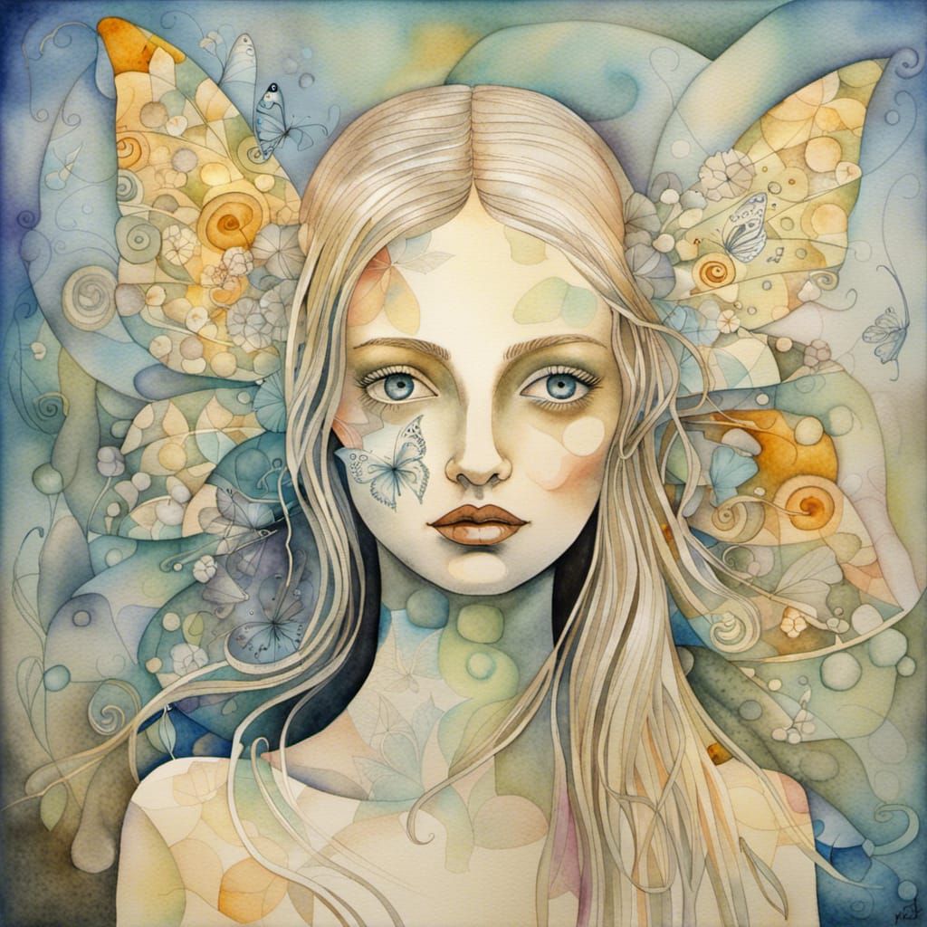 Butterfly Woman in Dandelion Dreamscape: Watercolor Portrait