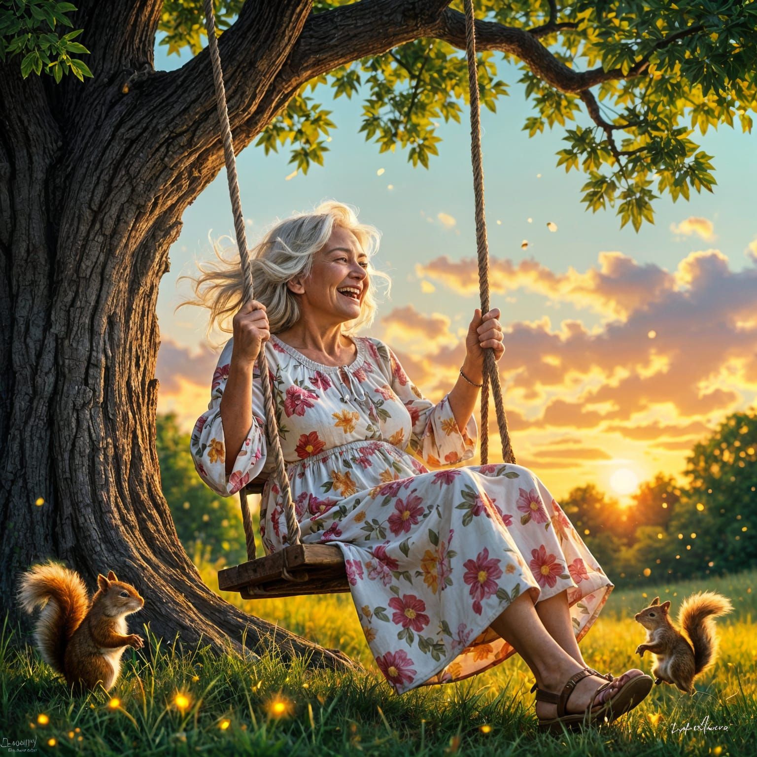 Whimsical Swing: Elderly Woman in a Fairytale Setting