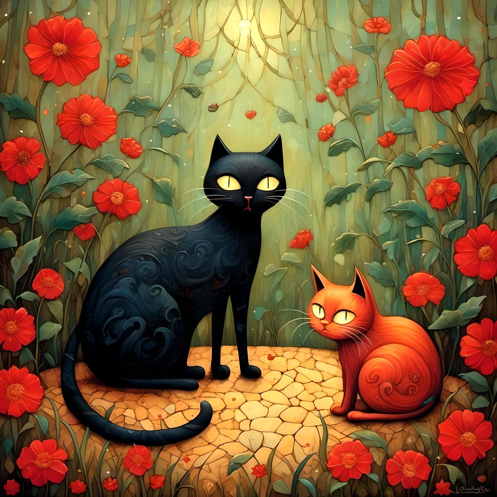 Cute Cats Chatting in Backyard, Illustrated Style