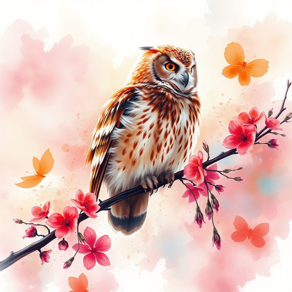 Vibrant Watercolor Owl on Branch in Dreamy Winter Scene