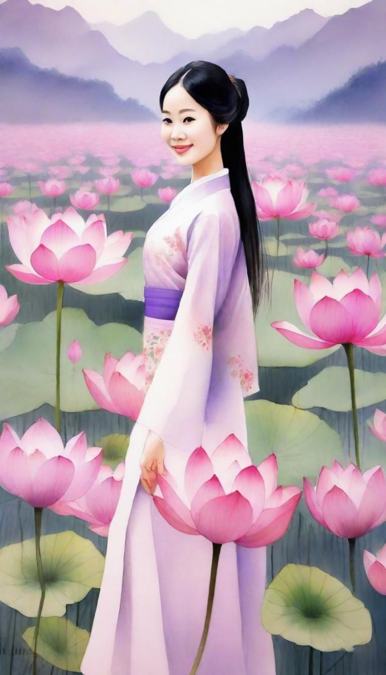 Vietnamese Woman in Lotus Field, Chinese Ink Painting