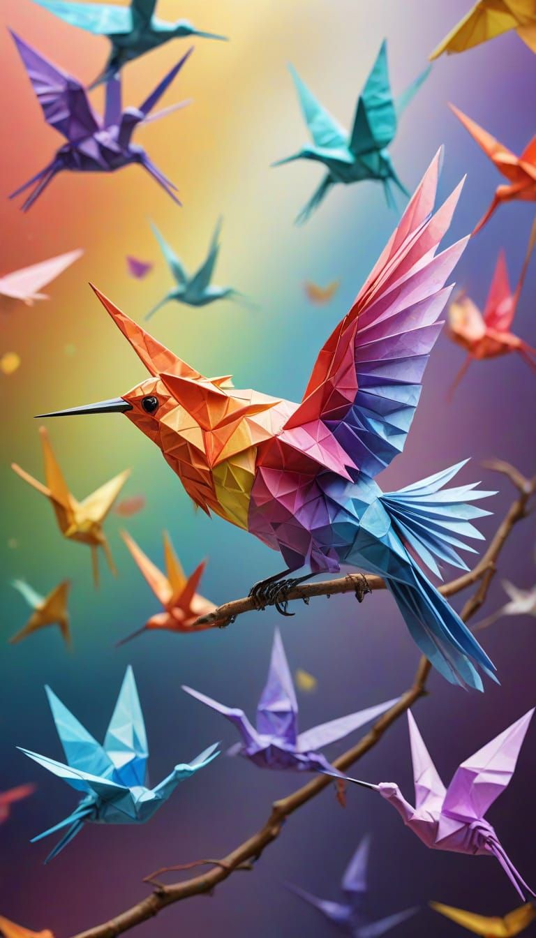 Vibrant Bird on Branch with Origami Mural