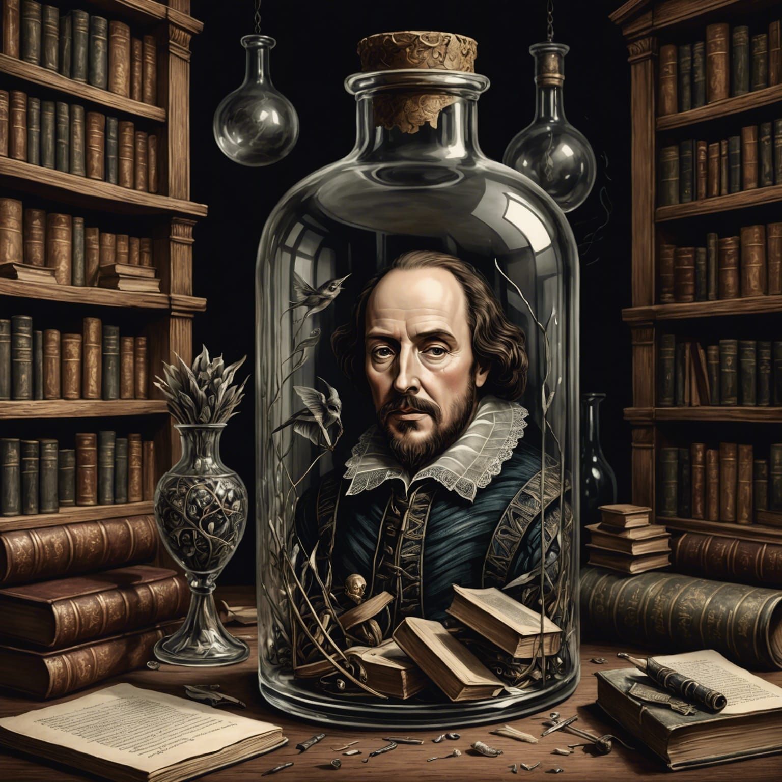 Shakespeare Trapped in Glass Bottle: Surreal Illustration
