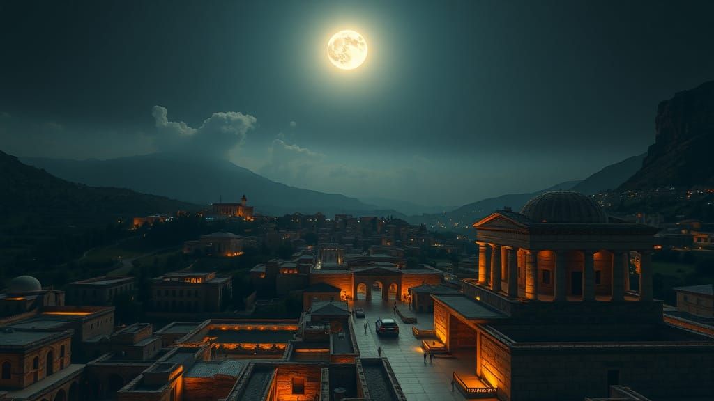 Ancient Vergina Illuminated by Full Moonlight