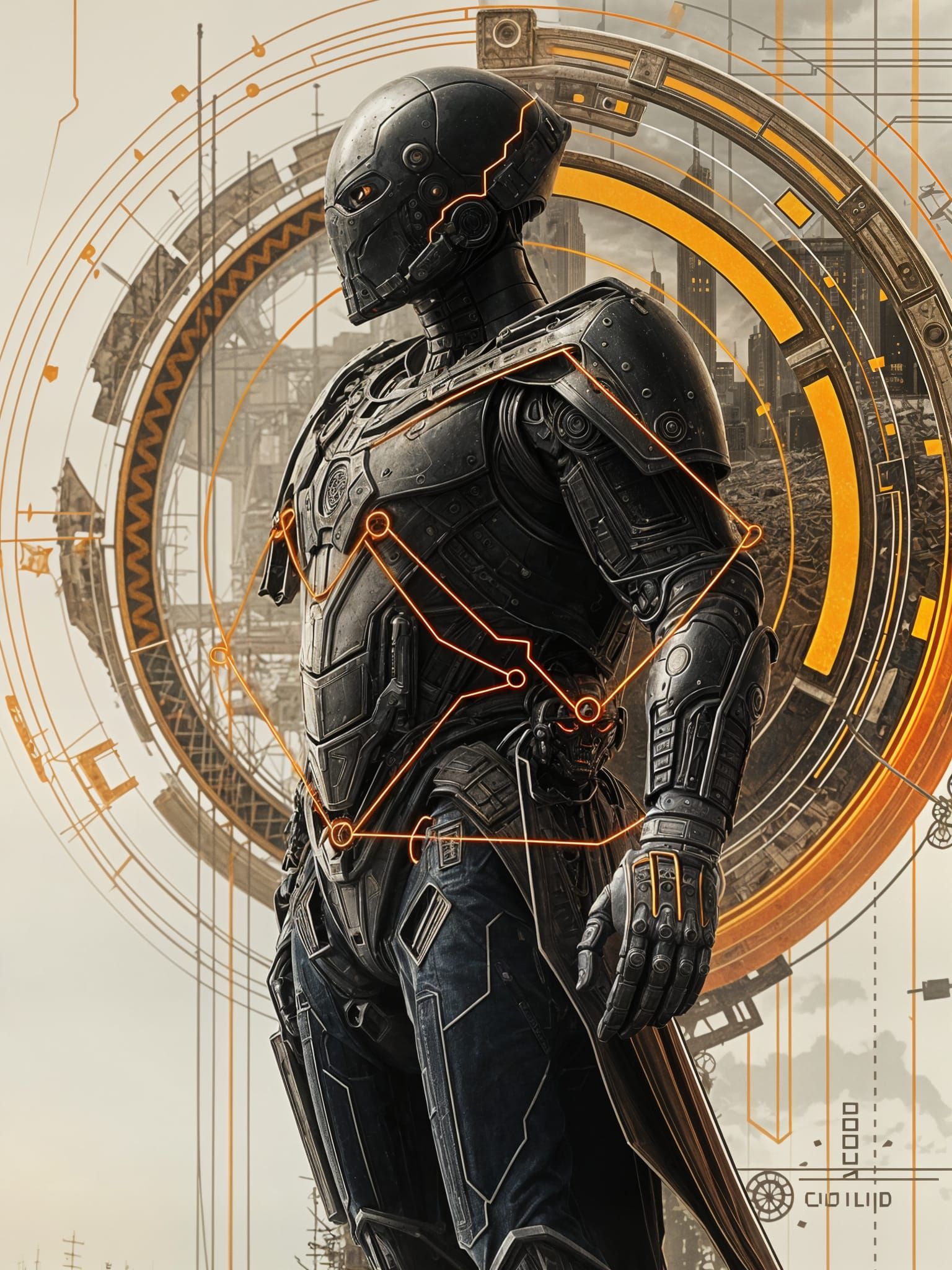 Cyborg Standing in Apocalyptic Ruins in Futuristic Style