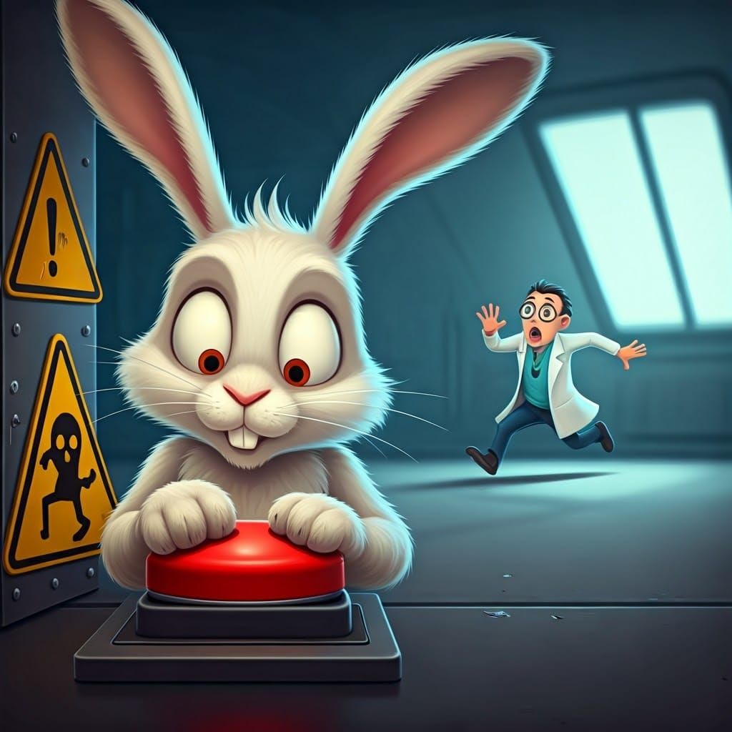Cartoon Lab Rabbit Stares at Red Button with Warning Signs