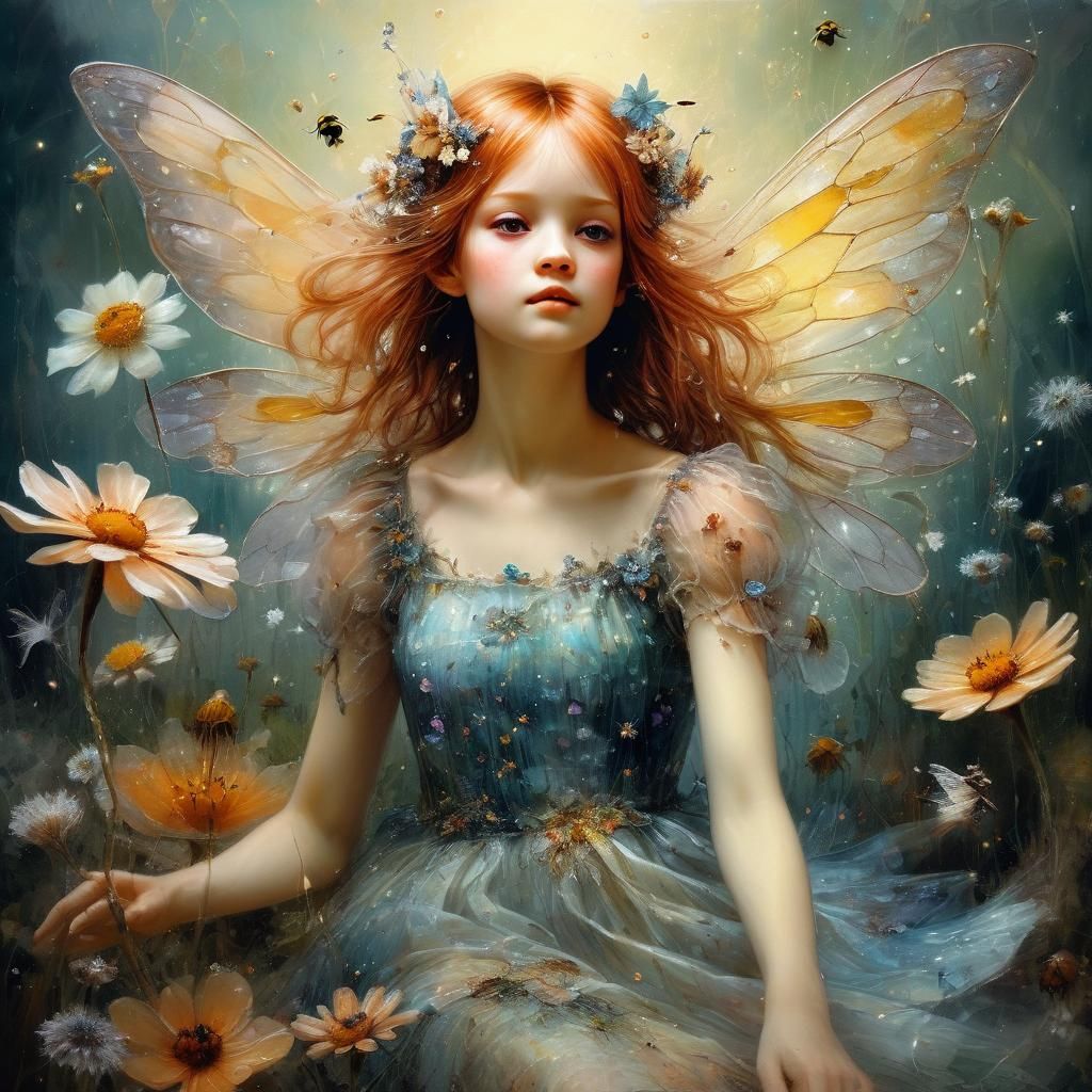 Fairy on Bumblebee in Floral Fantasy