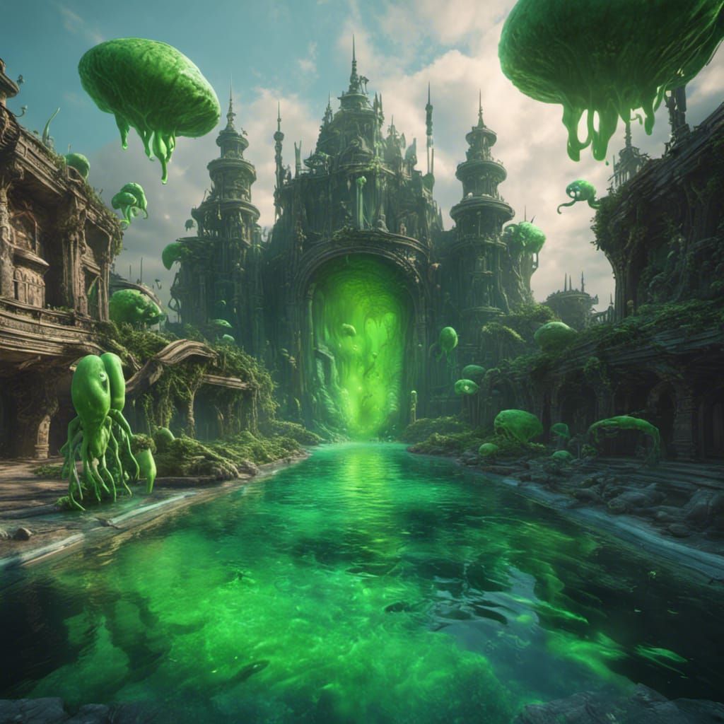 Slime Pool with Swimming Green Aliens: Detailed Matte Painti...