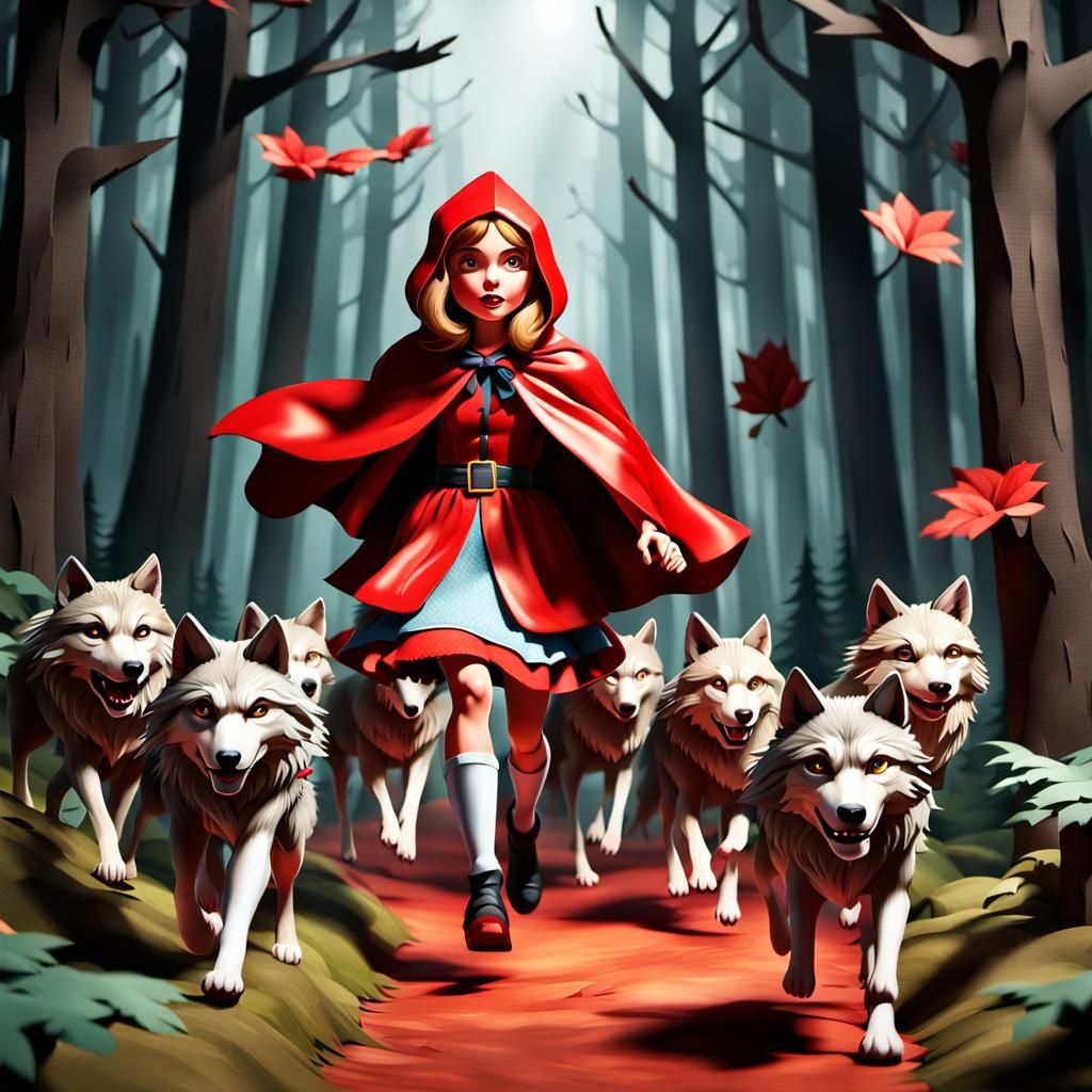 Little Red Riding Hood Protected by Wolves: 3D Illustration