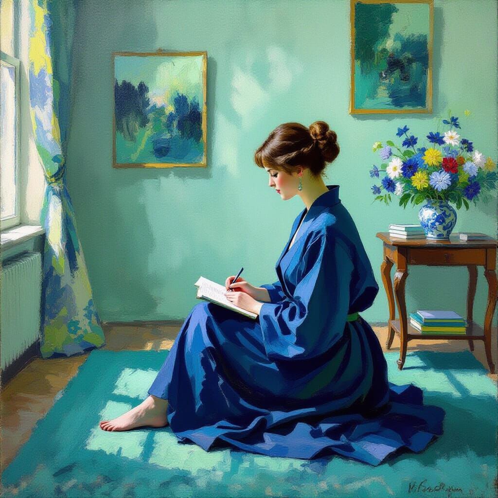 Impressionist Portrait: Woman Writing in Blue Robe