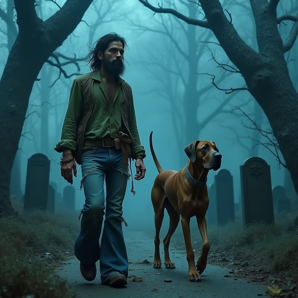 Hippie Man and Great Dane in Post-Apocalyptic Graveyard