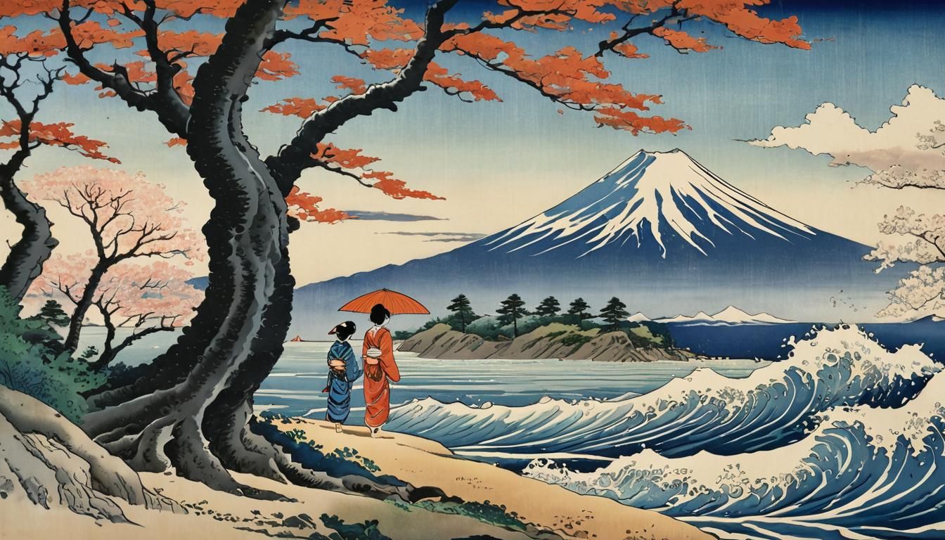 Ukiyo-e Style: Mother and Daughter Under Gingko Trees