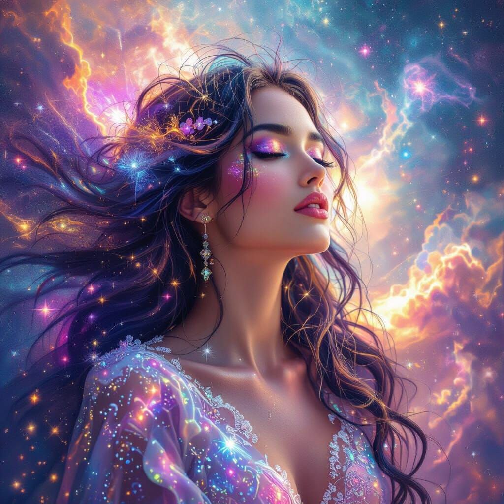 Woman in Cosmic Colors, Holographic Astral Illustration