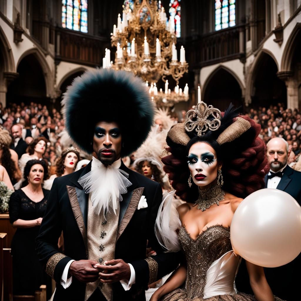 Rococo Bride with Dramatic Makeup in Crowded Church