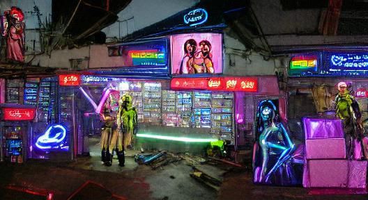 Cyberpunk Neon Shopfront with Figures