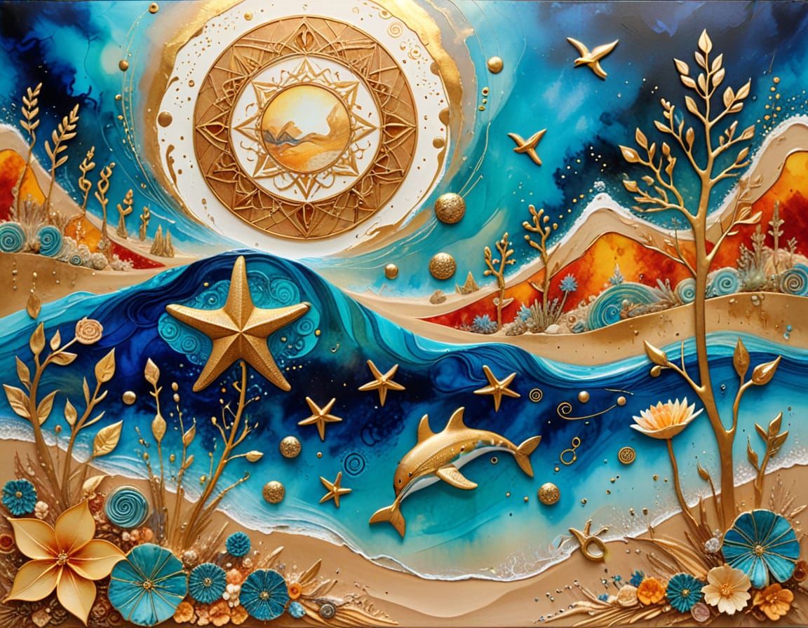 Summer Beach Scene with Surrealist Painting Details