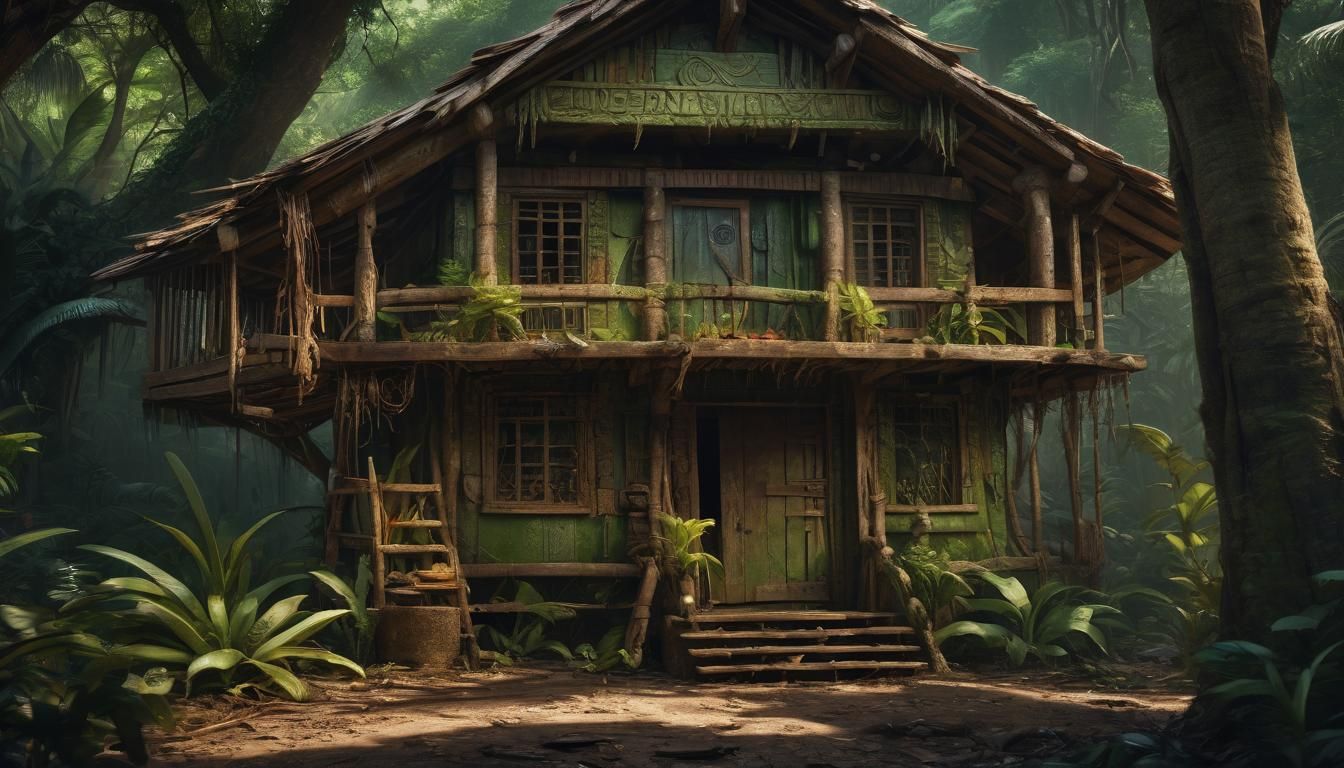Ancient Jungle Wooden House with Glowing Green Eyes and Teet...